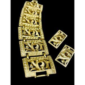 Greek Revival SET of 2 Golden Filigree Panel Bracelet & Clip-On Earrings Vintage